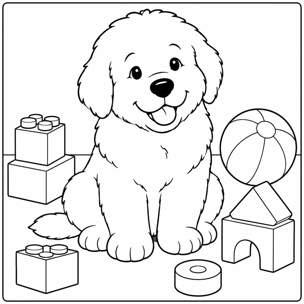 Playful Newfoundland puppy sitting among giant building blocks, a ball, and simple toys