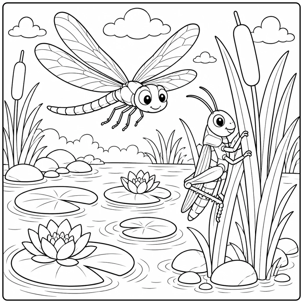 Dragonfly hovering over a pond while a grasshopper grips tall reeds beside lily pads