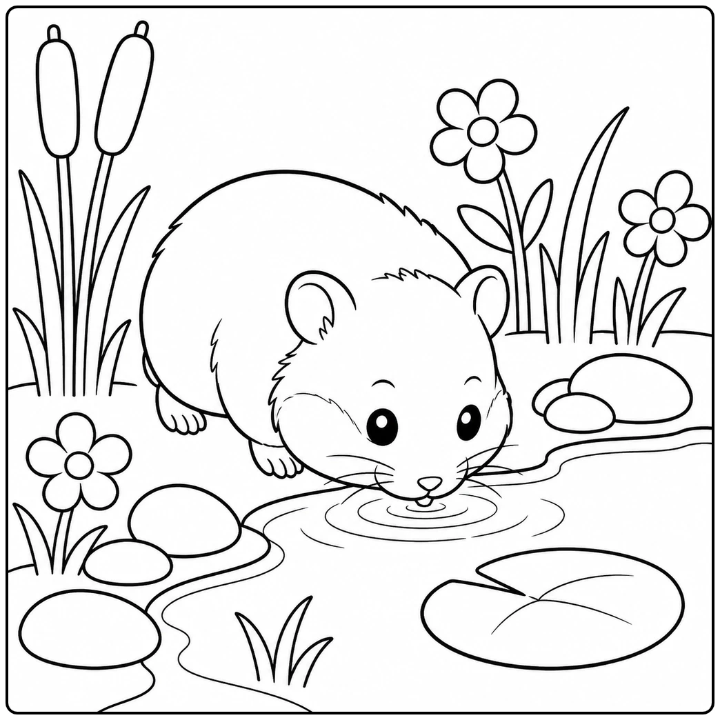 Small hamster drinks from a pond surrounded by lily pads, cattails, flowers, and smooth stones