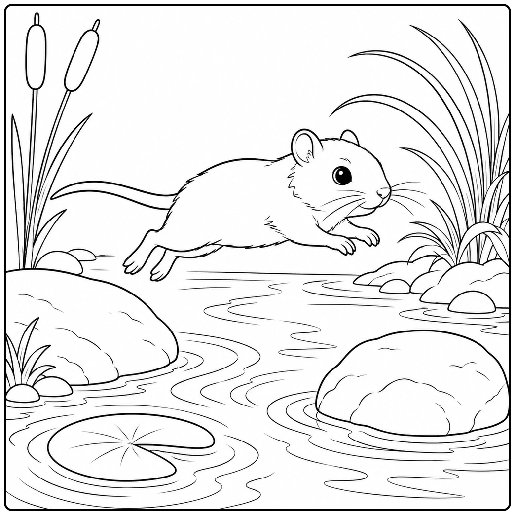 A gerbil coloring page captures the animal leaping over a pond with cattails and a lily pad