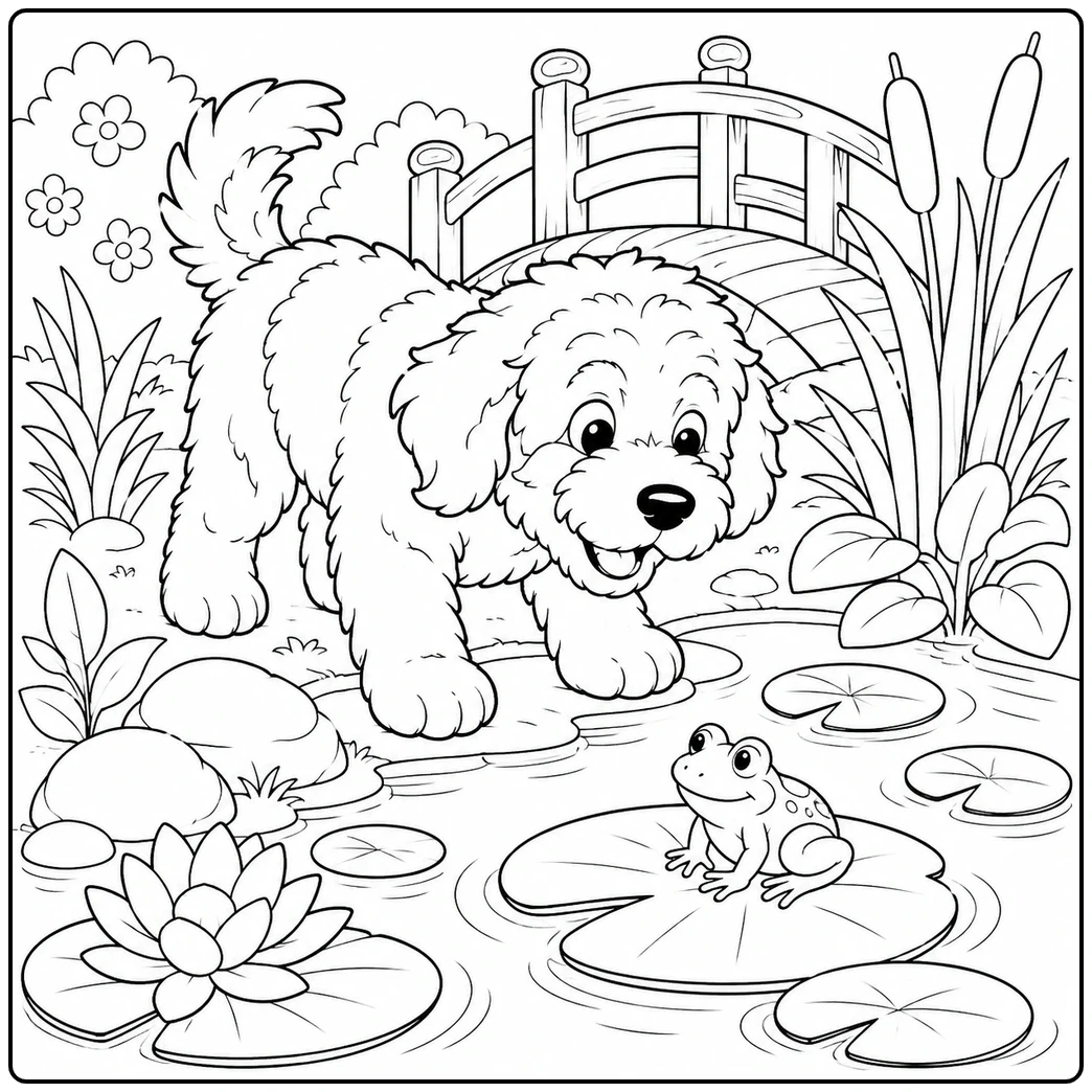 Bernedoodle leaning over a garden pond while watching a frog perched on a lily pad