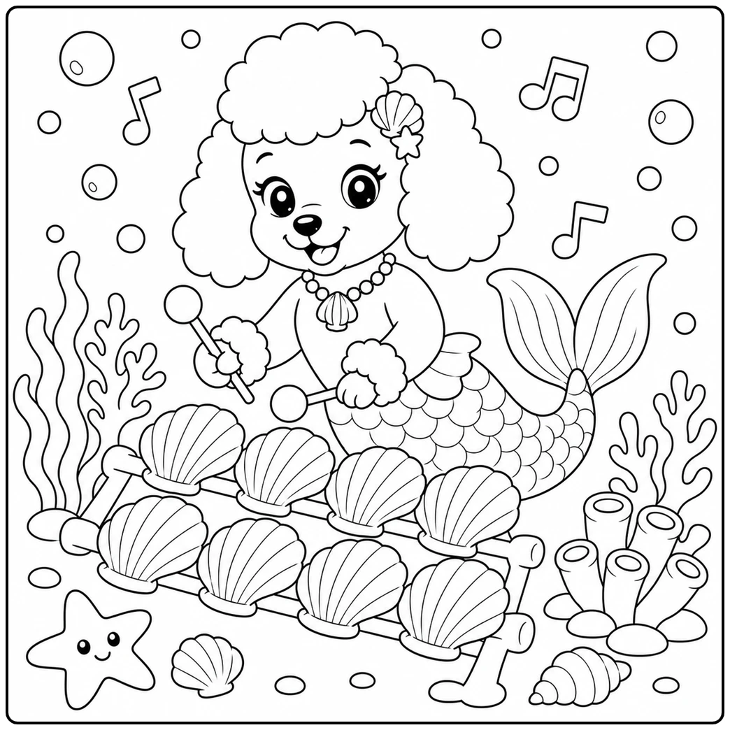 Poodle mermaid plays a seashell xylophone surrounded by bubbles and music notes