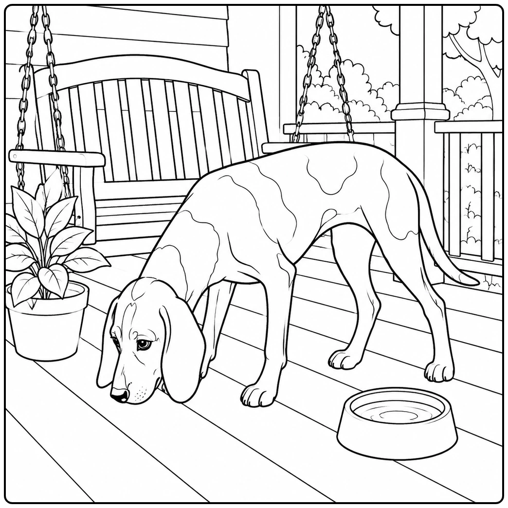 Spotted hound sniffing porch boards near a water bowl, porch swing, railing, and potted plant