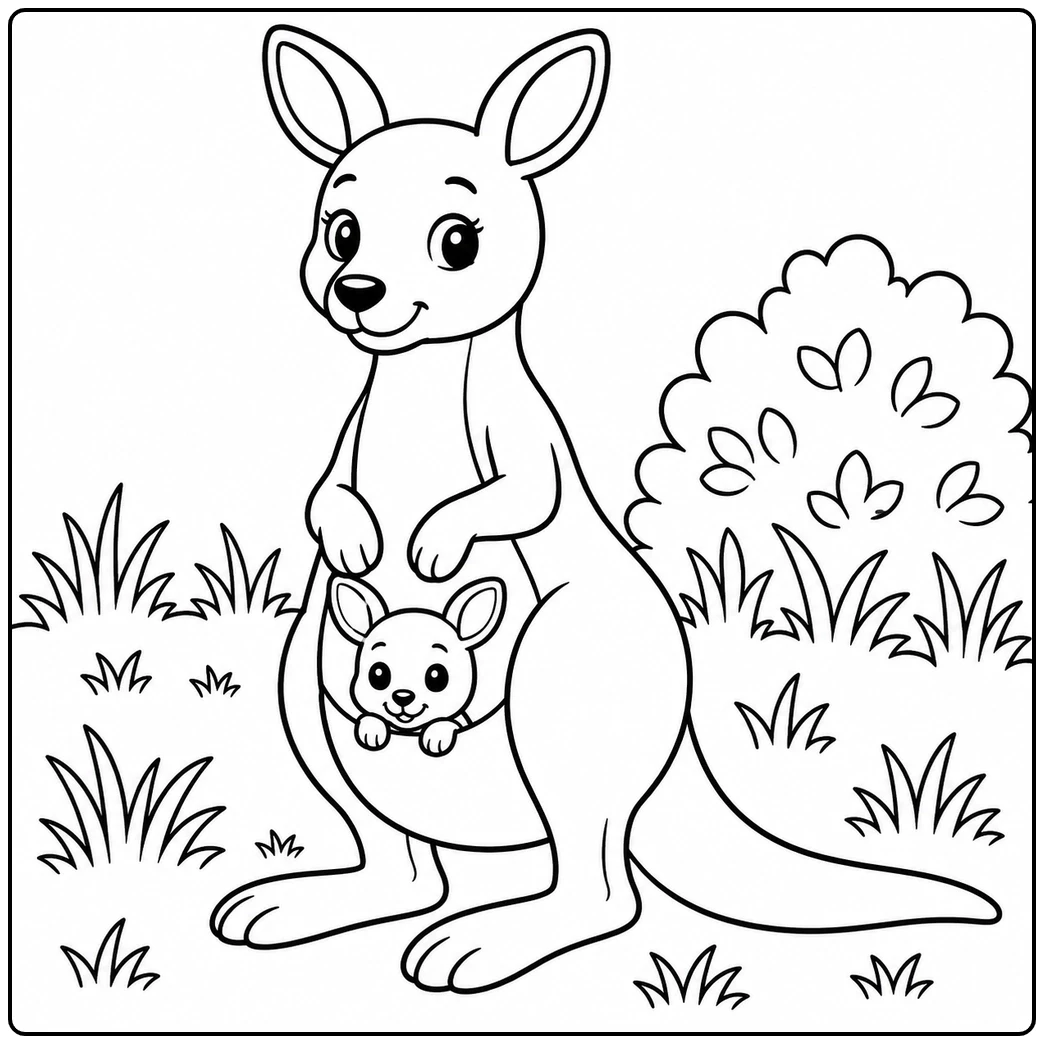 This kangaroo coloring page centers on an upright adult carrying a joey in its pouch beside a leafy bush.