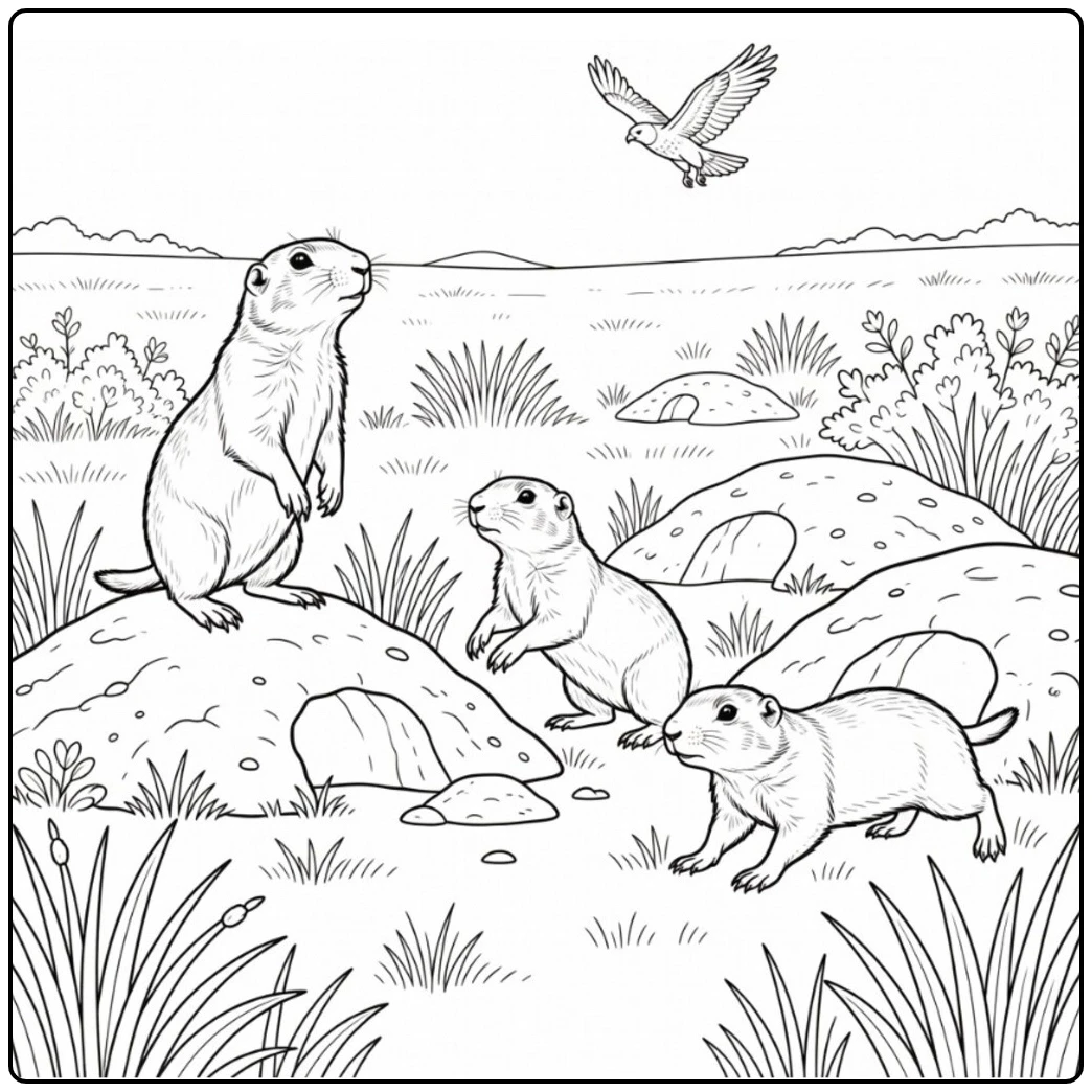 Three prairie dogs near burrow mounds watching a hawk flying over the open grassland
