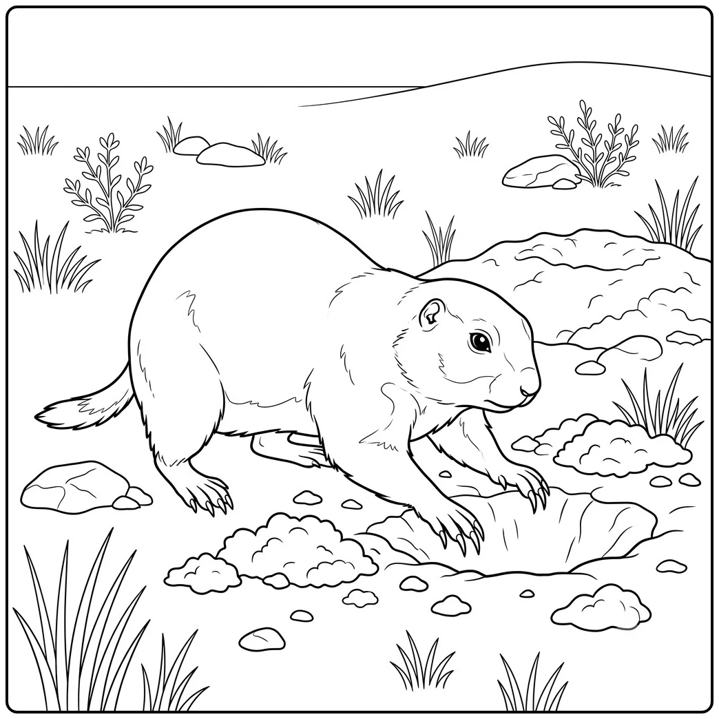 Prairie dog digging into loose soil beside rocks, low plants, and scattered grass clumps
