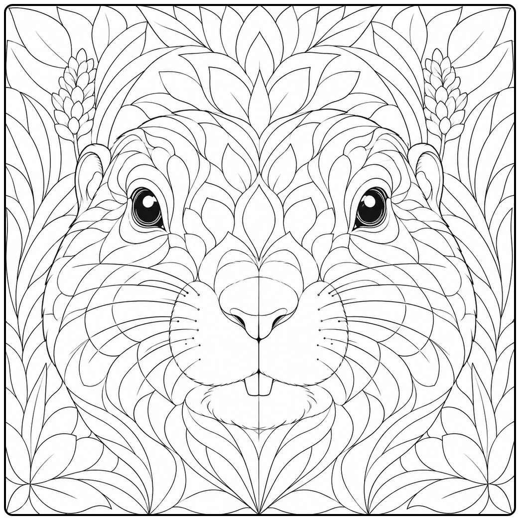 Close-up prairie dog coloring page with the face formed by interwoven leaf mandala patterns