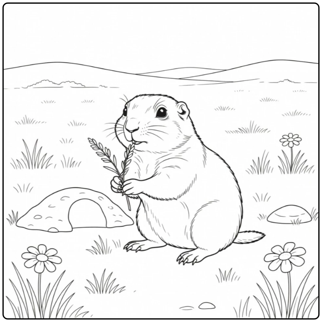 Prairie dog holding a grass stem beside a burrow, flowers, and distant prairie hills