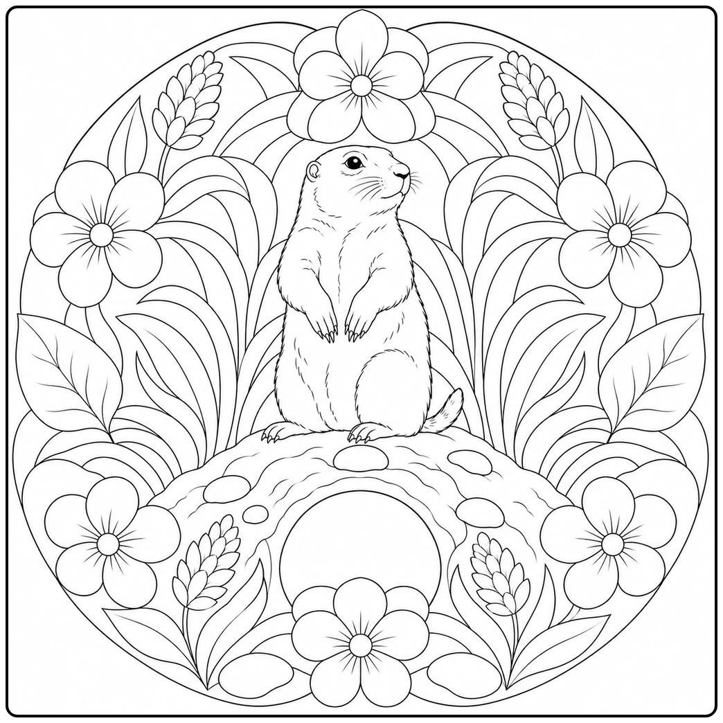 Prairie dog seated above a burrow within a large symmetrical floral prairie mandala