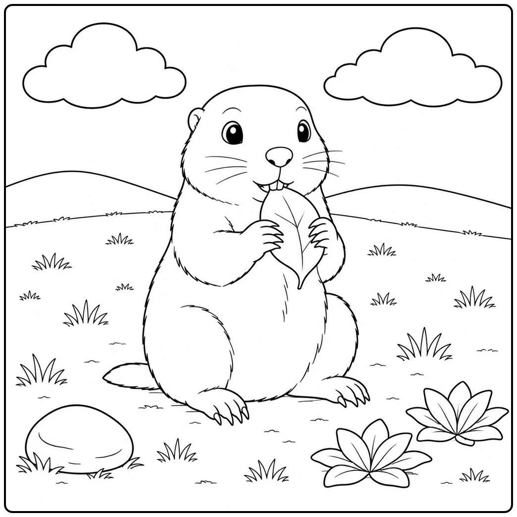Seated prairie dog nibbling a broad leaf among flowers, grass tufts, and rolling hills