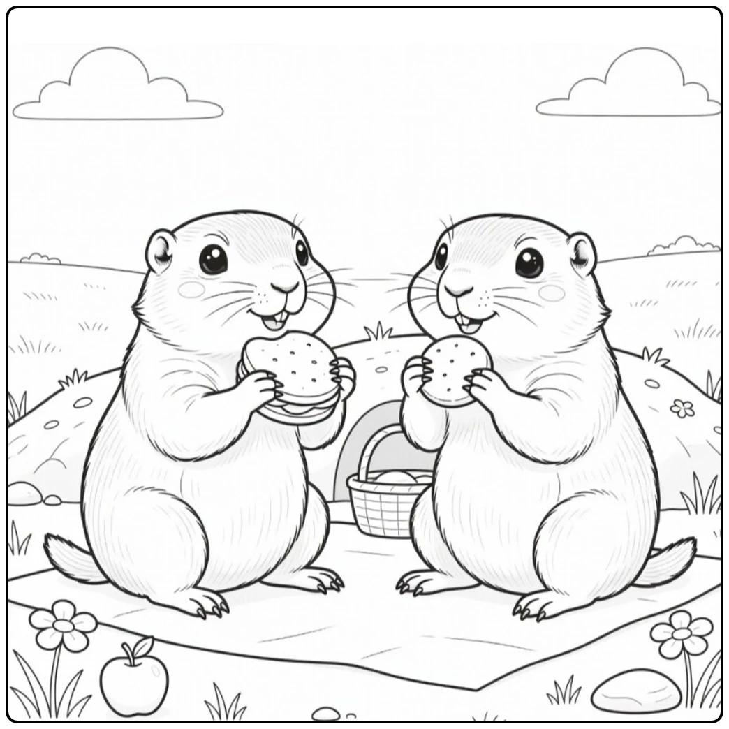 Two prairie dogs sharing picnic snacks on a blanket in a prairie dog coloring page