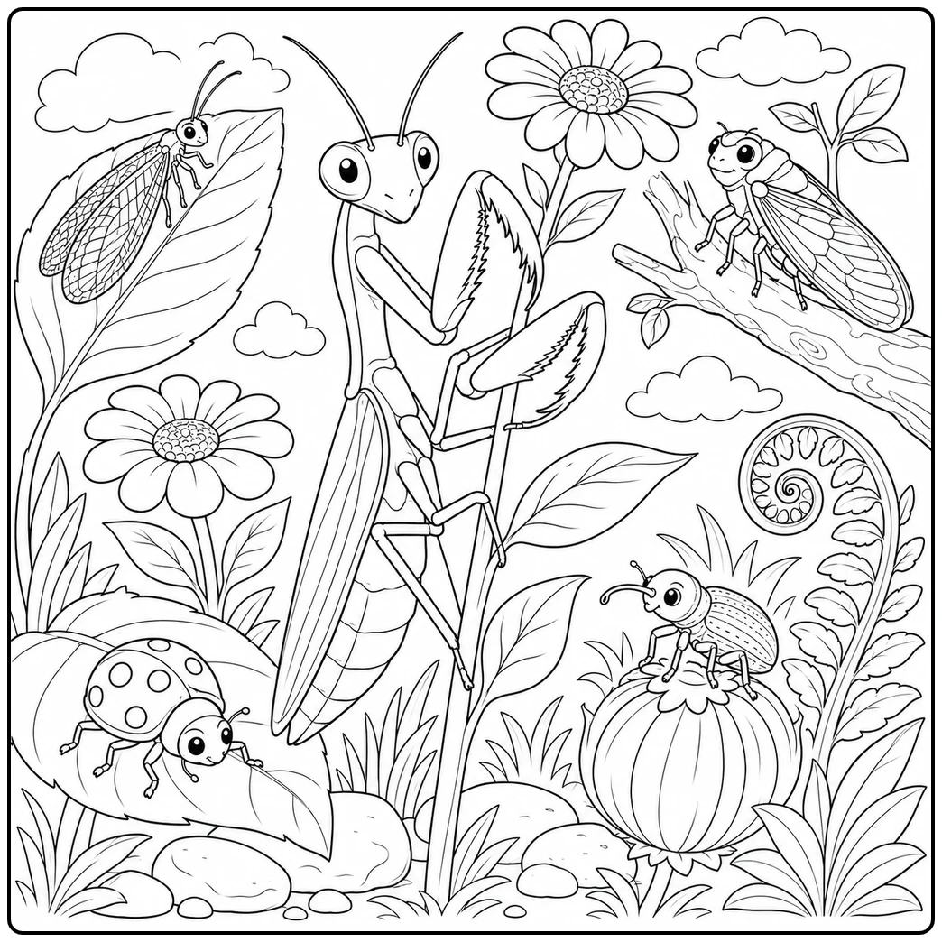 A praying mantis centers this bug and insect coloring page with a ladybug, cicada, lacewing, and weevil
