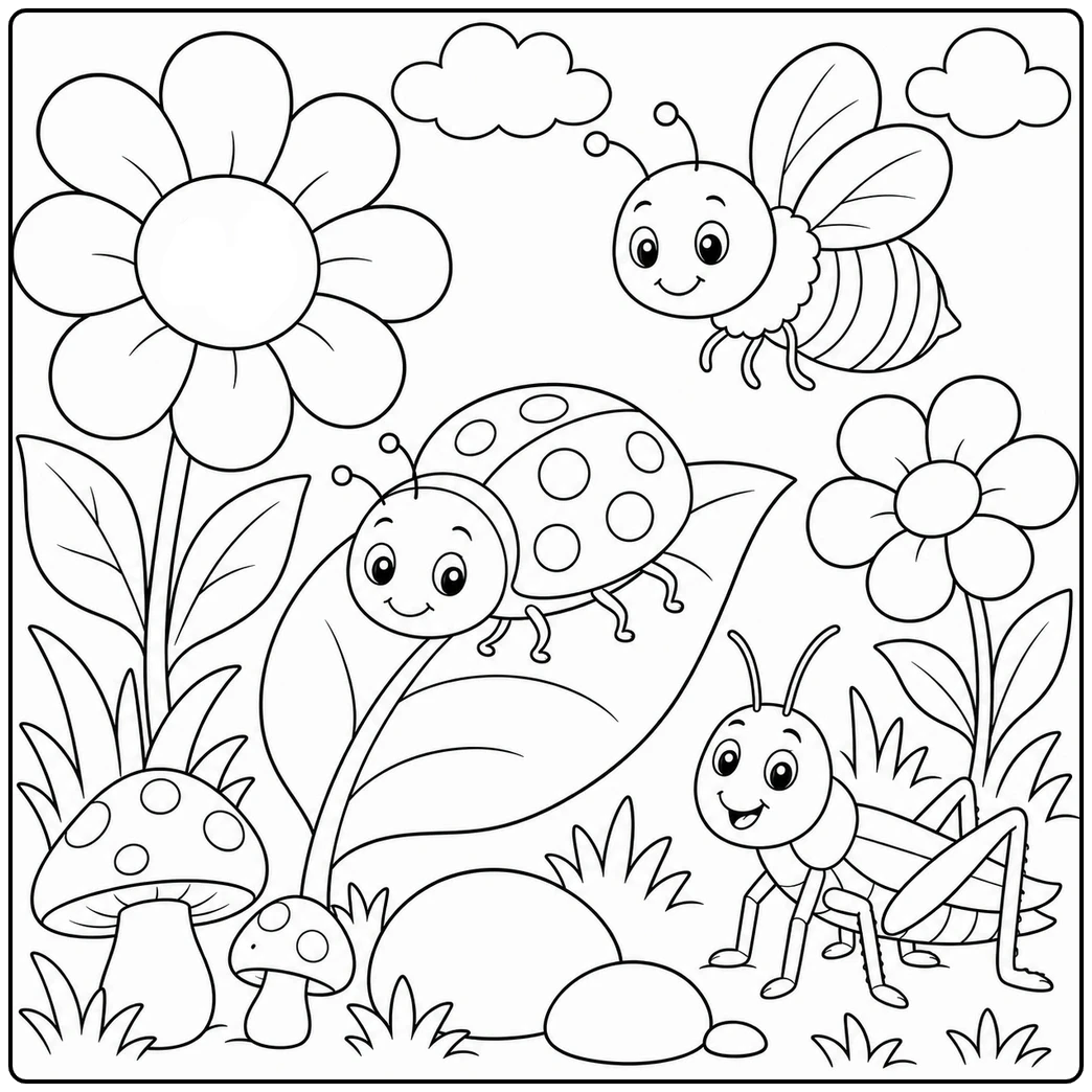 Ladybug, bumblebee, and grasshopper gather among flowers, mushrooms, leaves, and rounded garden