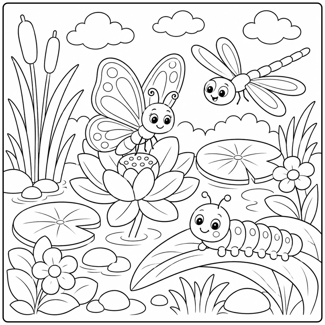 Butterfly, dragonfly, and caterpillar share a preschool insect coloring page beside lily pads and pond flowers