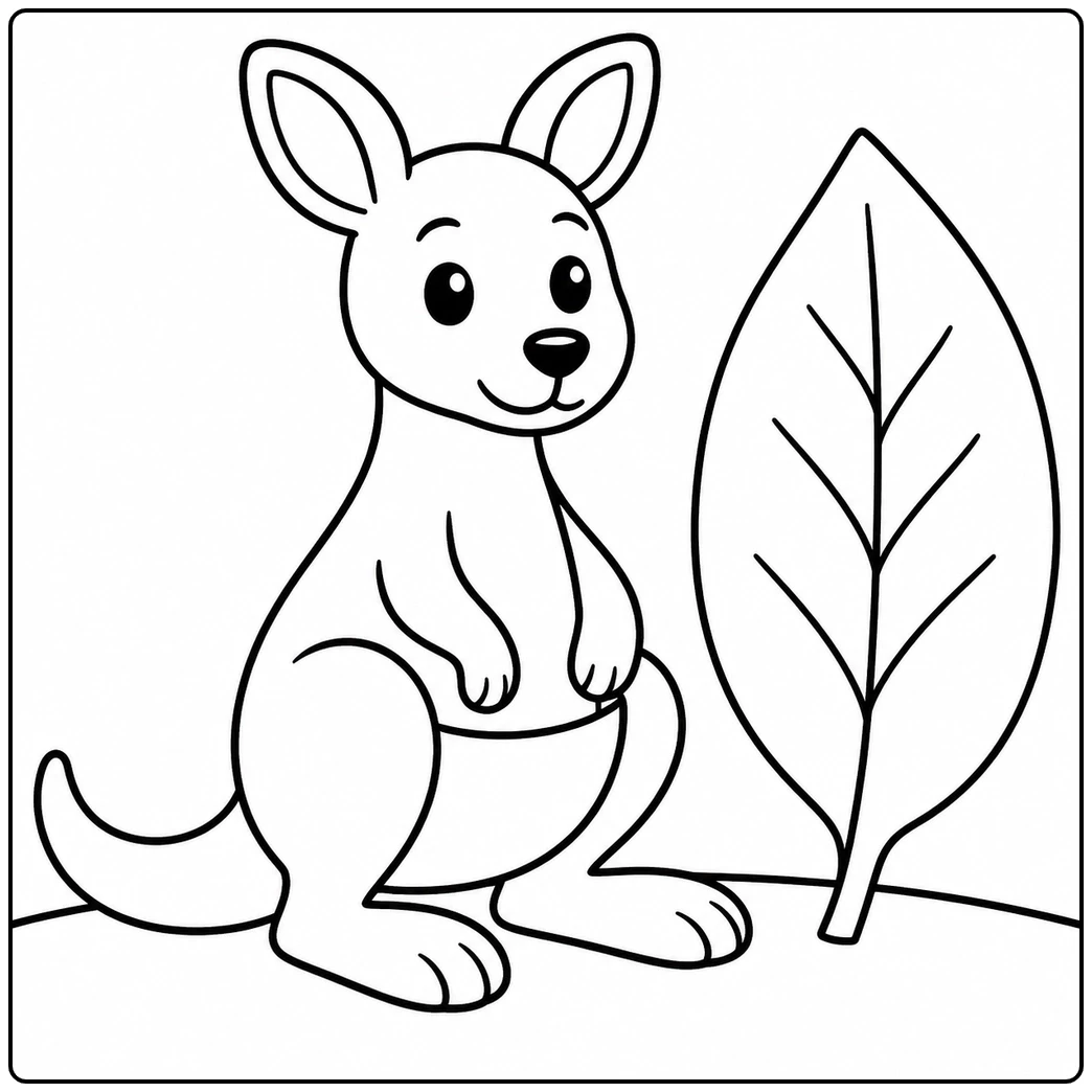Smiling kangaroo sitting beside a large leaf in a preschool kangaroo coloring page with simple open shapes