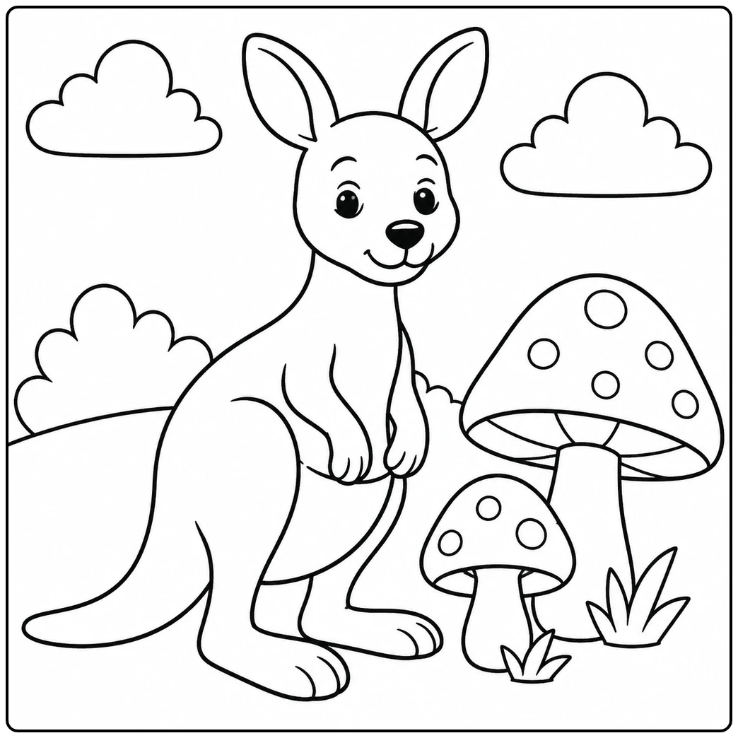 Friendly kangaroo standing near two spotted mushrooms, grass tufts, bushes, and rounded clouds