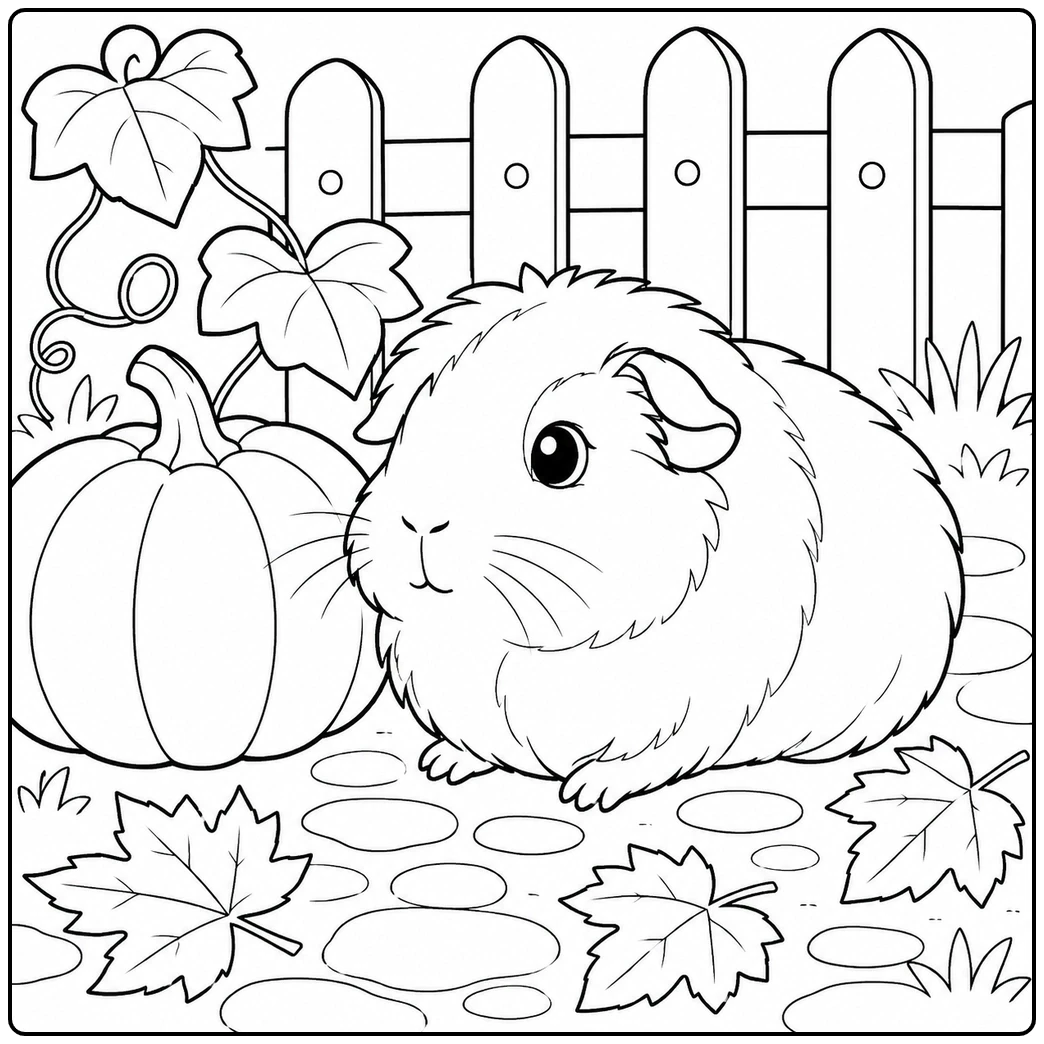 Fluffy guinea pig coloring page with a guinea pig sitting beside a pumpkin, leaves, and garden fence