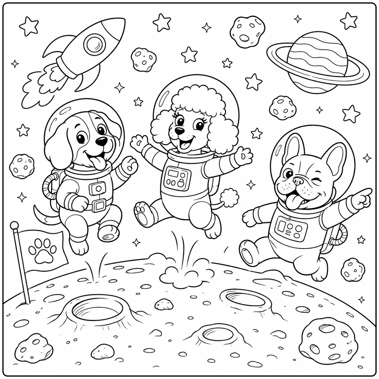 Three astronaut pups explore lunar craters in a funny dog coloring page with a rocket and planets