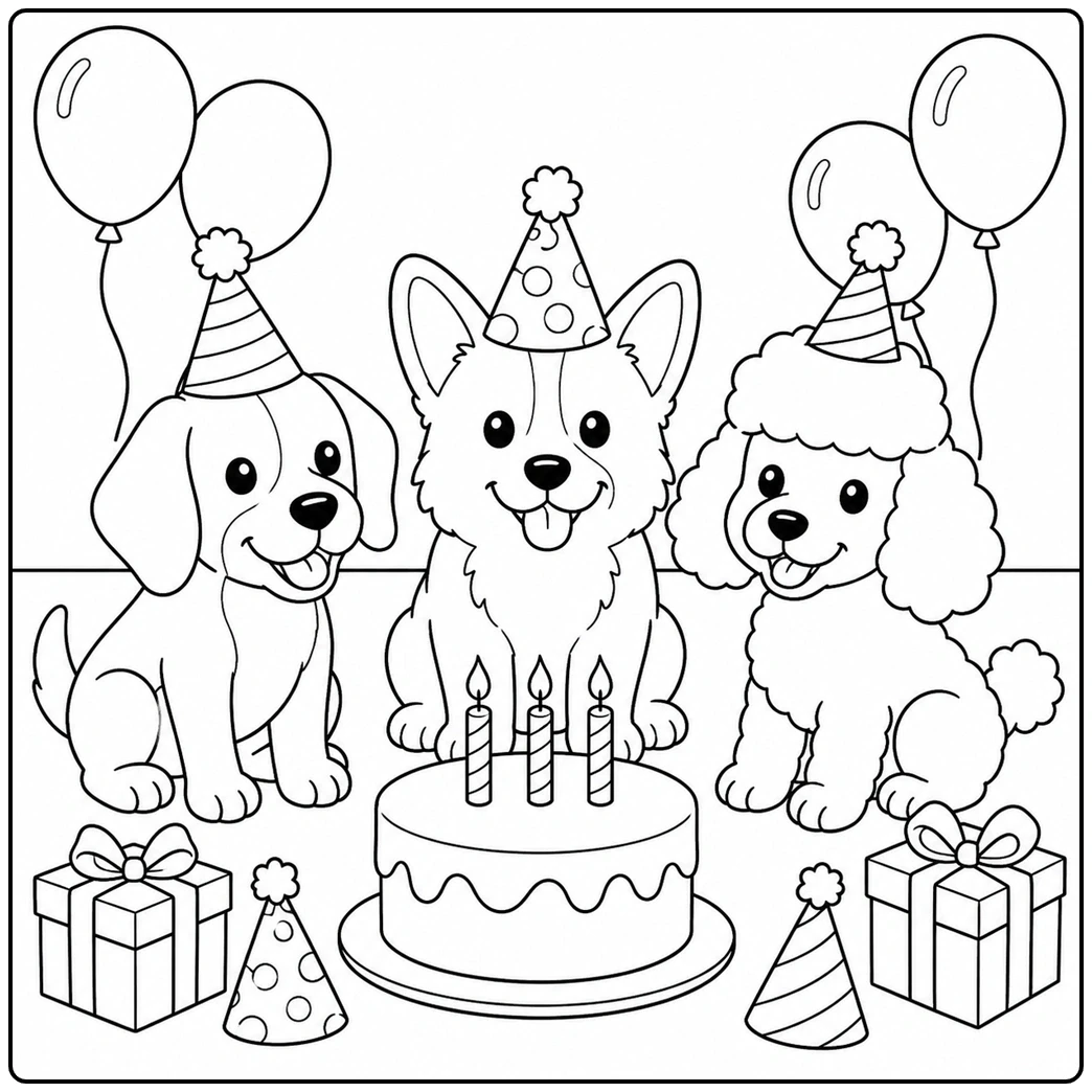 Party-hat puppies gather around a birthday cake with balloons, presents, and candles