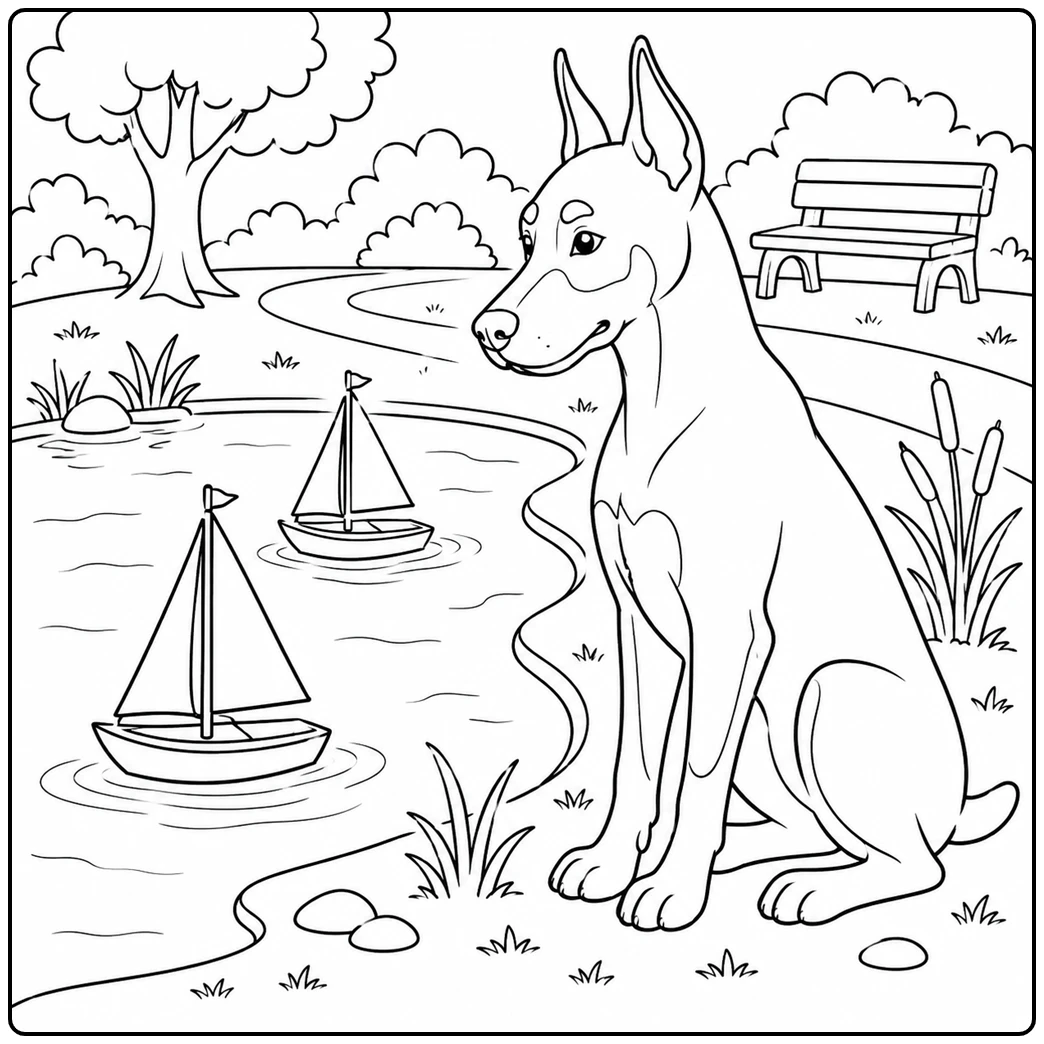Calm Doberman sits beside a pond while two toy sailboats drift near cattails