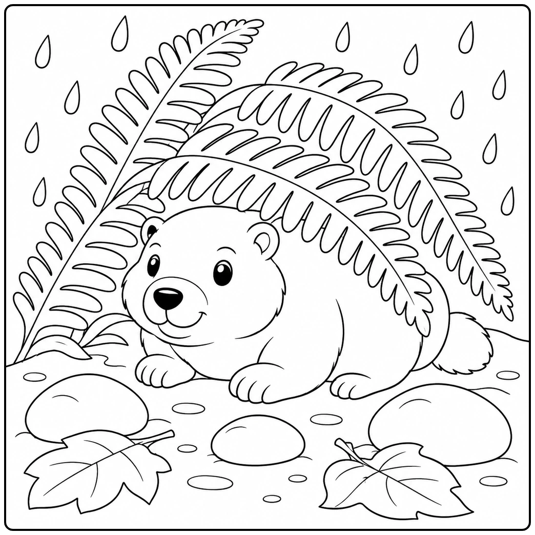 Groundhog coloring page of the animal crouching beneath broad fern fronds while raindrops fall around it.