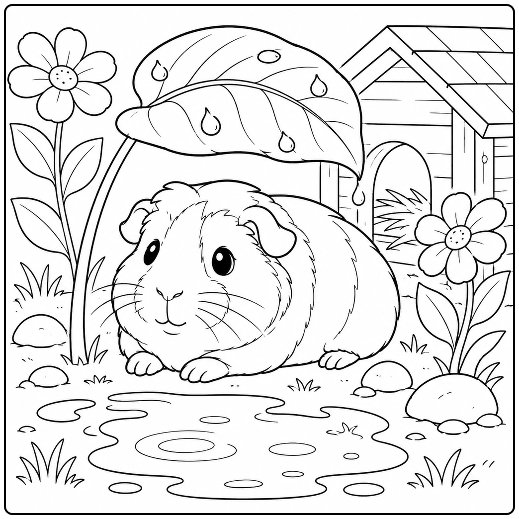 Guinea pig coloring page with a guinea pig resting under a broad rain leaf near a puddle and flowers
