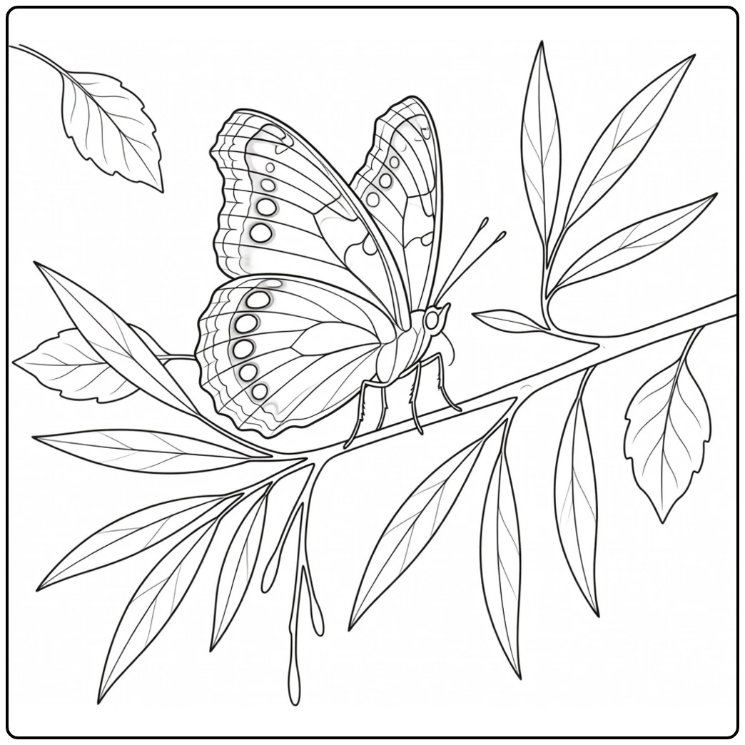 Realistic butterfly resting on a leafy branch with slender hanging legs