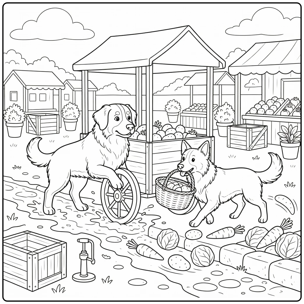 Realistic dog coloring page Bernese Collie help stuck cart