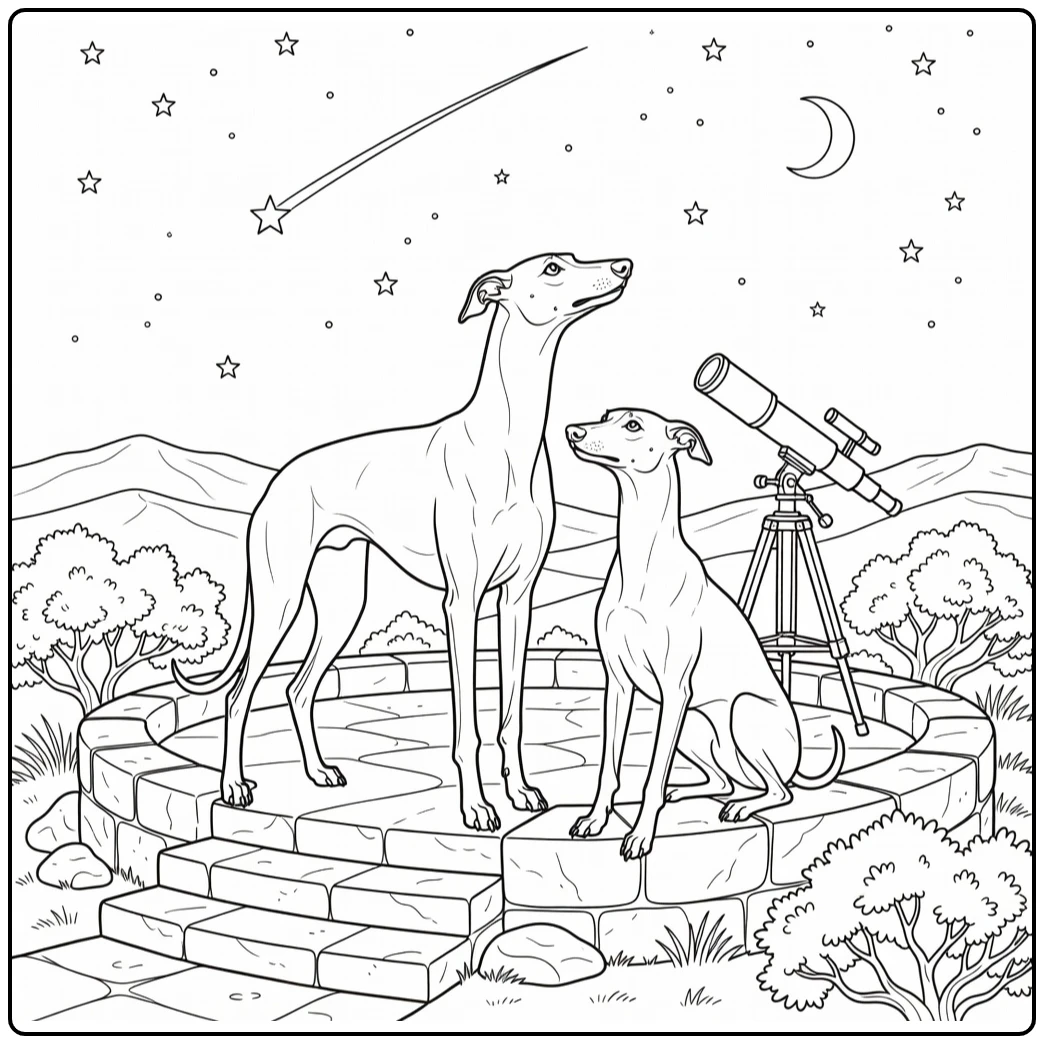 realistic dog coloring page Greyhound and Whippet stargazing