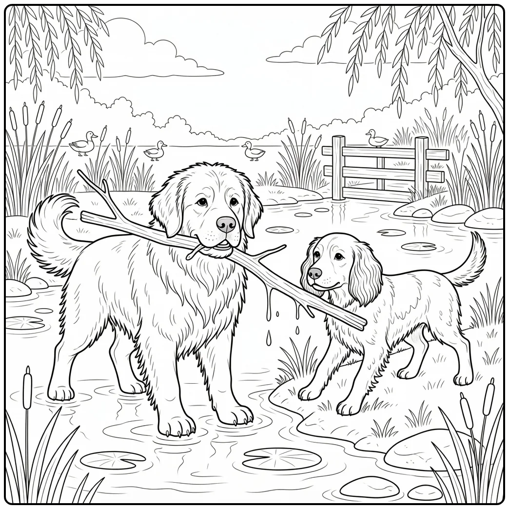 realistic dog coloring page of dogs pulling branch