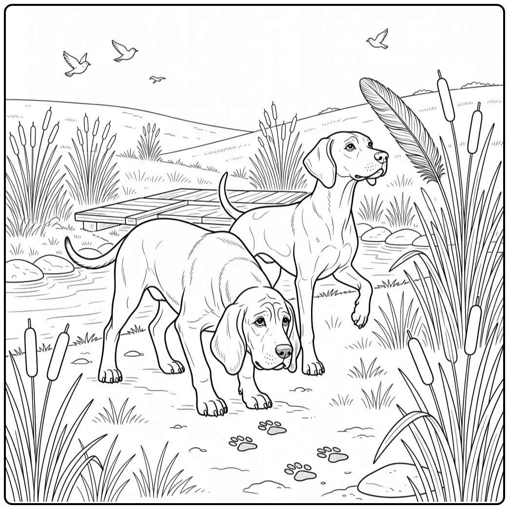 realistic dog coloring page Bloodhound and Pointer in meadow