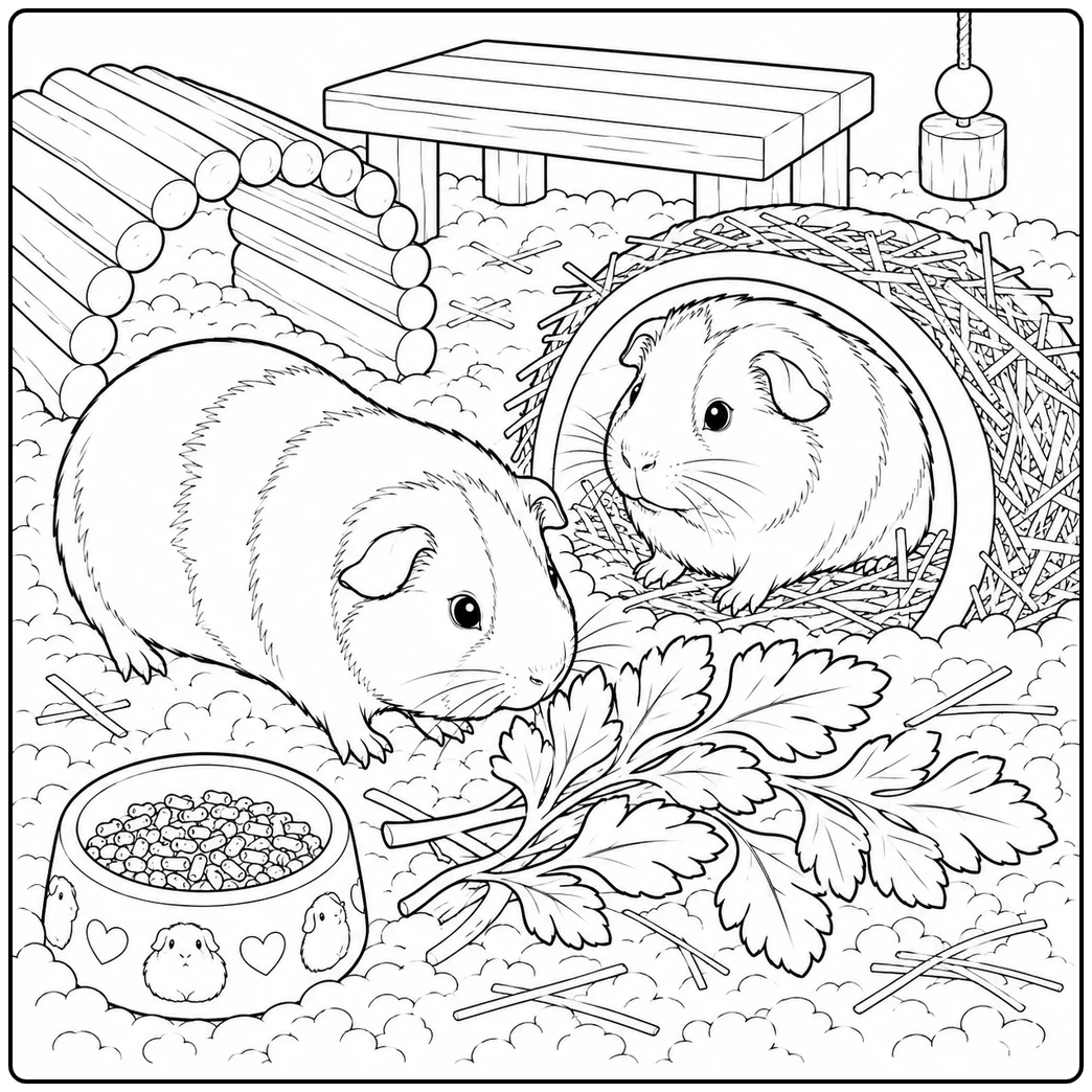 Two guinea pigs in a cozy habitat with hay tunnel, food bowl, wooden platform, and leafy greens