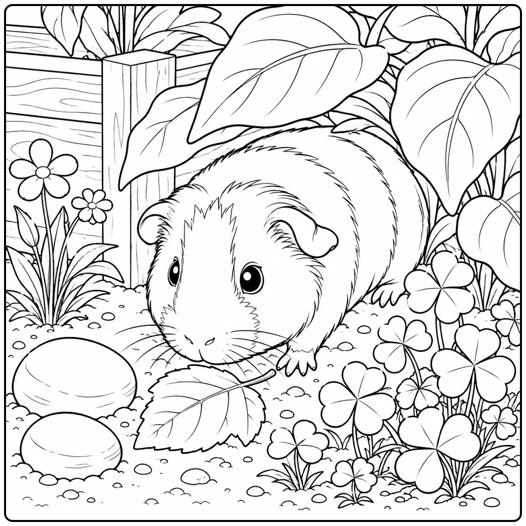 Guinea pig nibbling a leaf in a detailed garden, perfect for a realistic guinea pig coloring page
