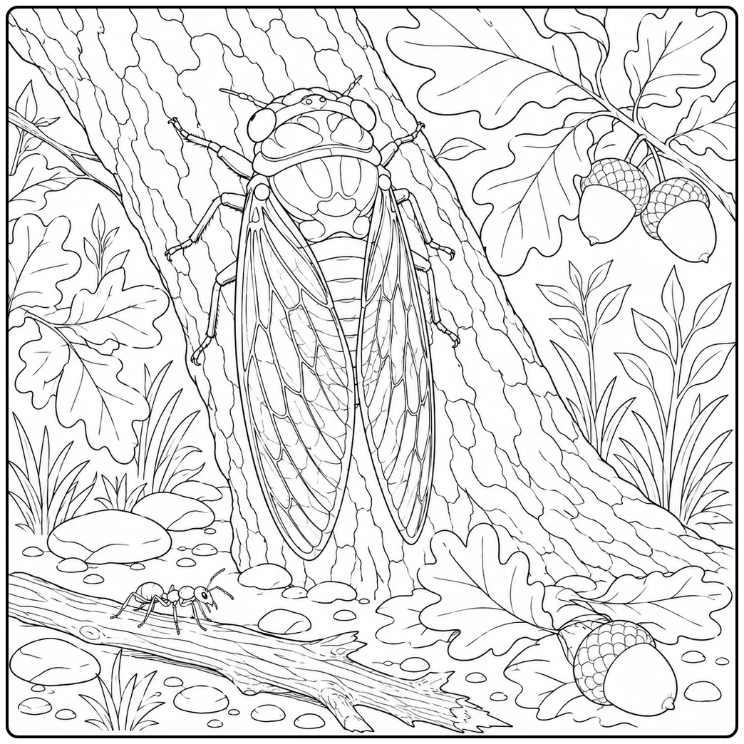 Large cicada on tree bark with an ant on a twig, acorns, oak leaves, and woodland stones