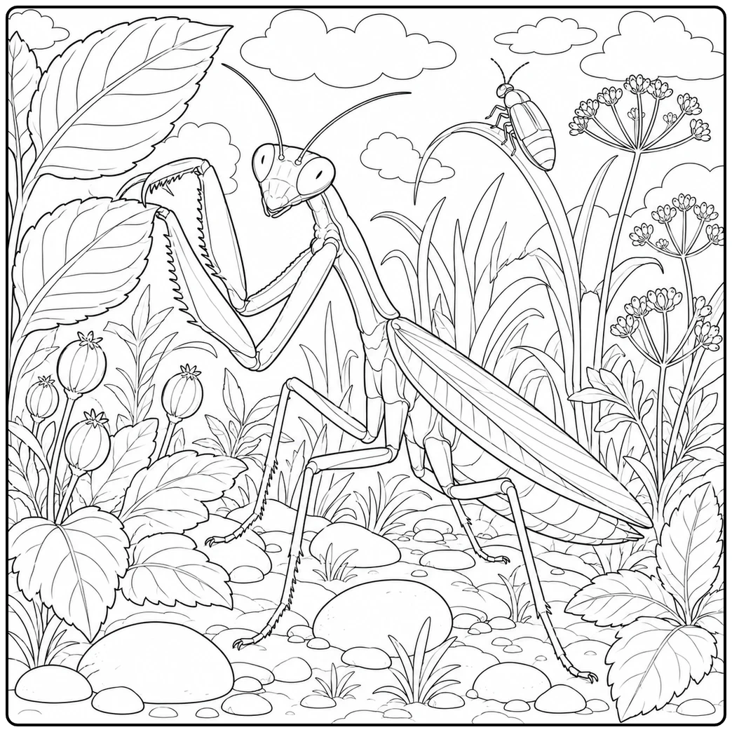 Praying mantis centered in a realistic insect coloring page with a small firefly on a tall curved stem