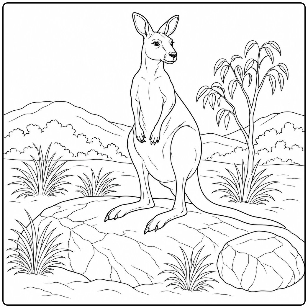 Upright kangaroo stands alert on a rocky outcrop surrounded by grasses, a small tree, and distant hills.
