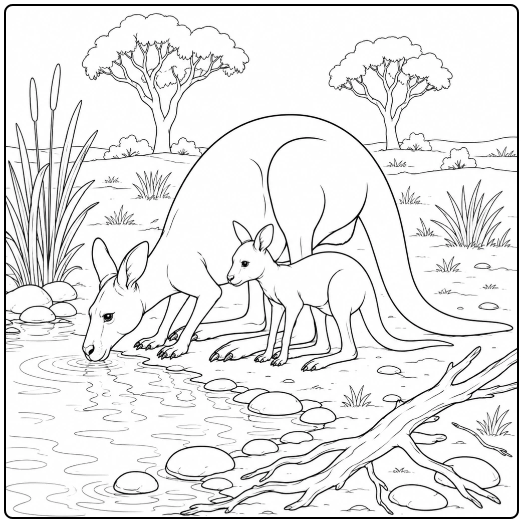 Adult kangaroo drinks beside its joey on a realistic kangaroo coloring page near a calm waterhole.