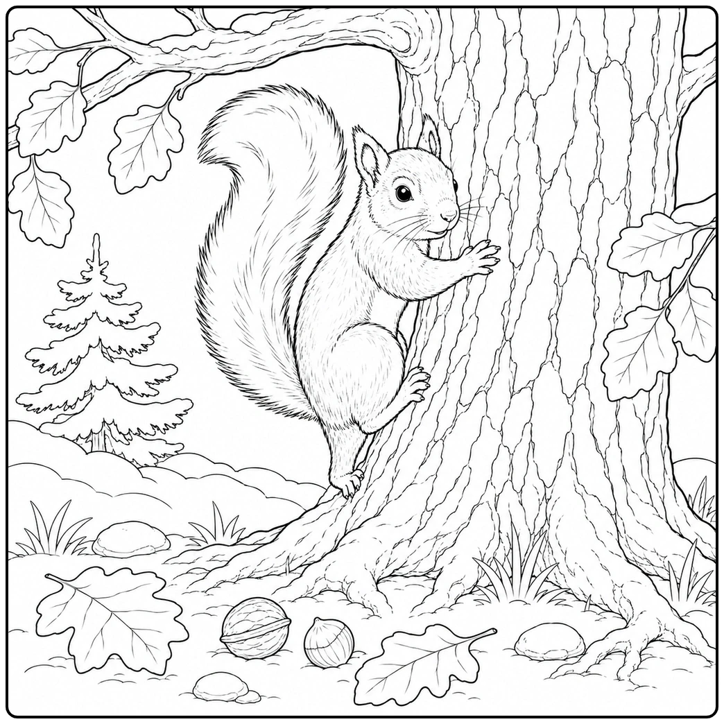 Realistic squirrel climbs a broad tree trunk above fallen oak leaves and woodland nuts