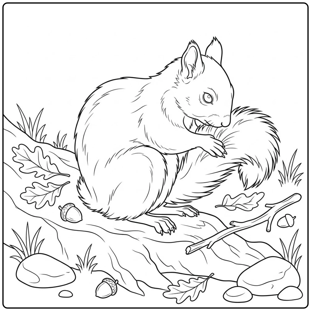 Natural squirrel grooms its fluffy tail while resting among leaves, acorns, twigs, and rocks