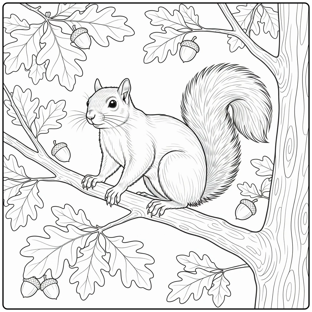 Squirrel perched on an oak branch in a realistic squirrel coloring page with acorns
