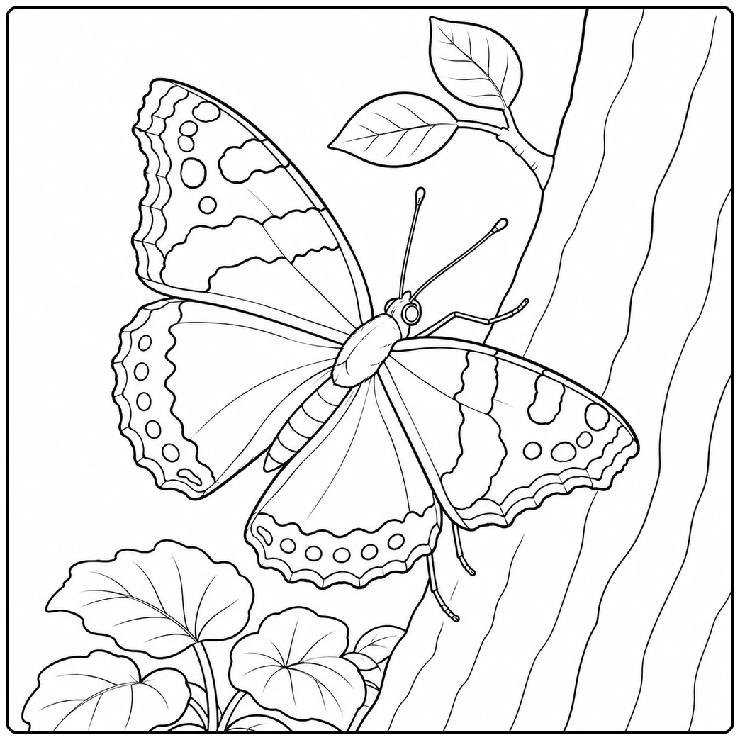 Red Admiral butterfly clinging to tree bark beside leafy plants in a realistic butterfly coloring page