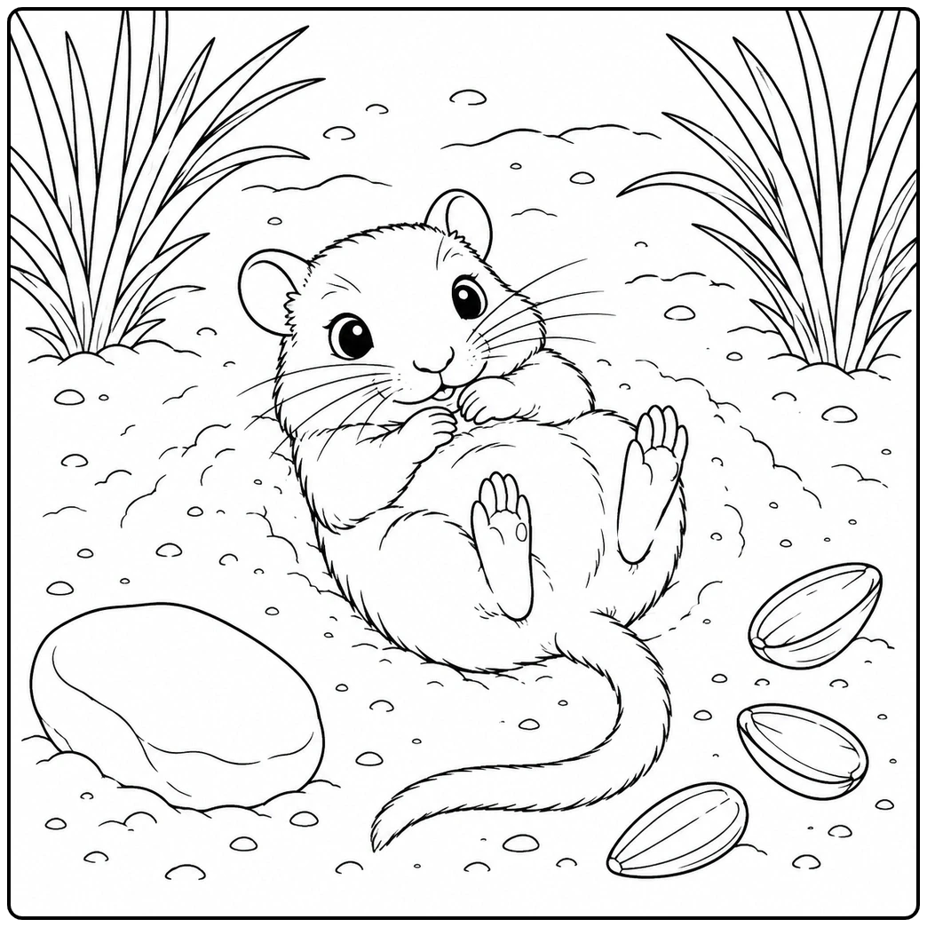 Relaxed gerbil lying on its back in soft soil beside a large rock and three striped seeds