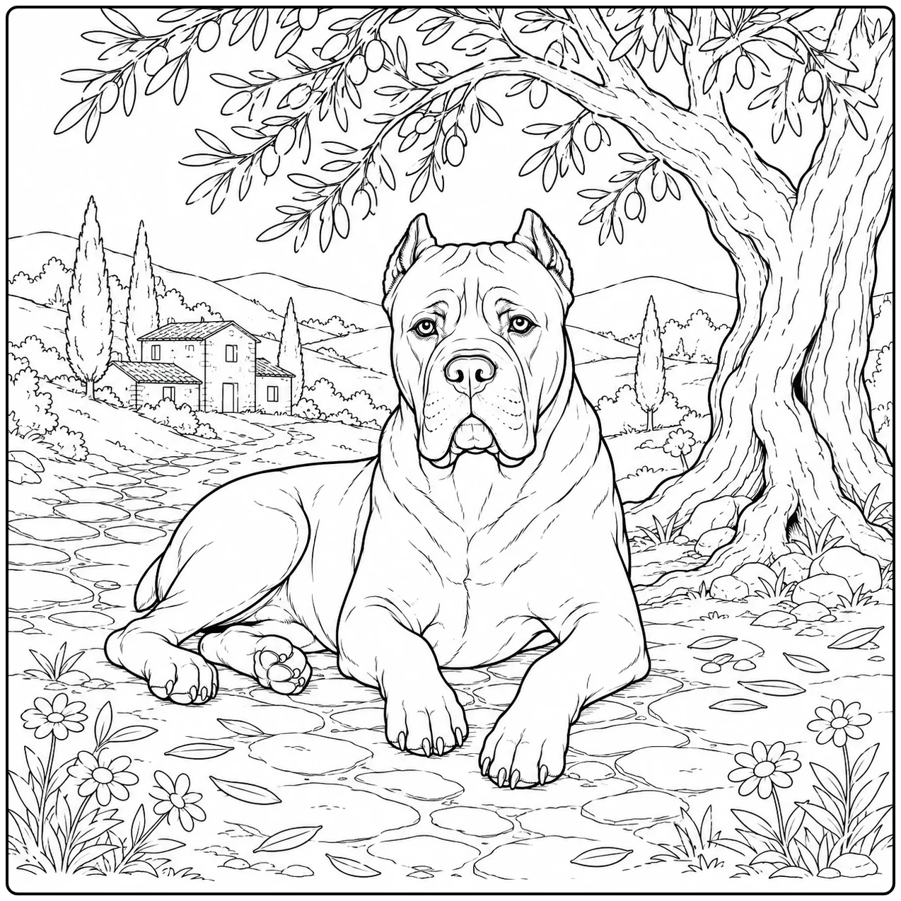 Cane Corso resting beneath a leafy tree beside a woodland path and distant cottage