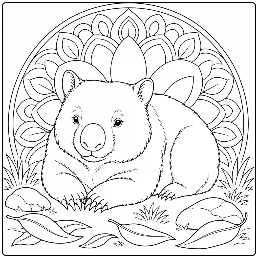 Resting wombat framed by a large floral mandala, scattered leaves, and smooth stones