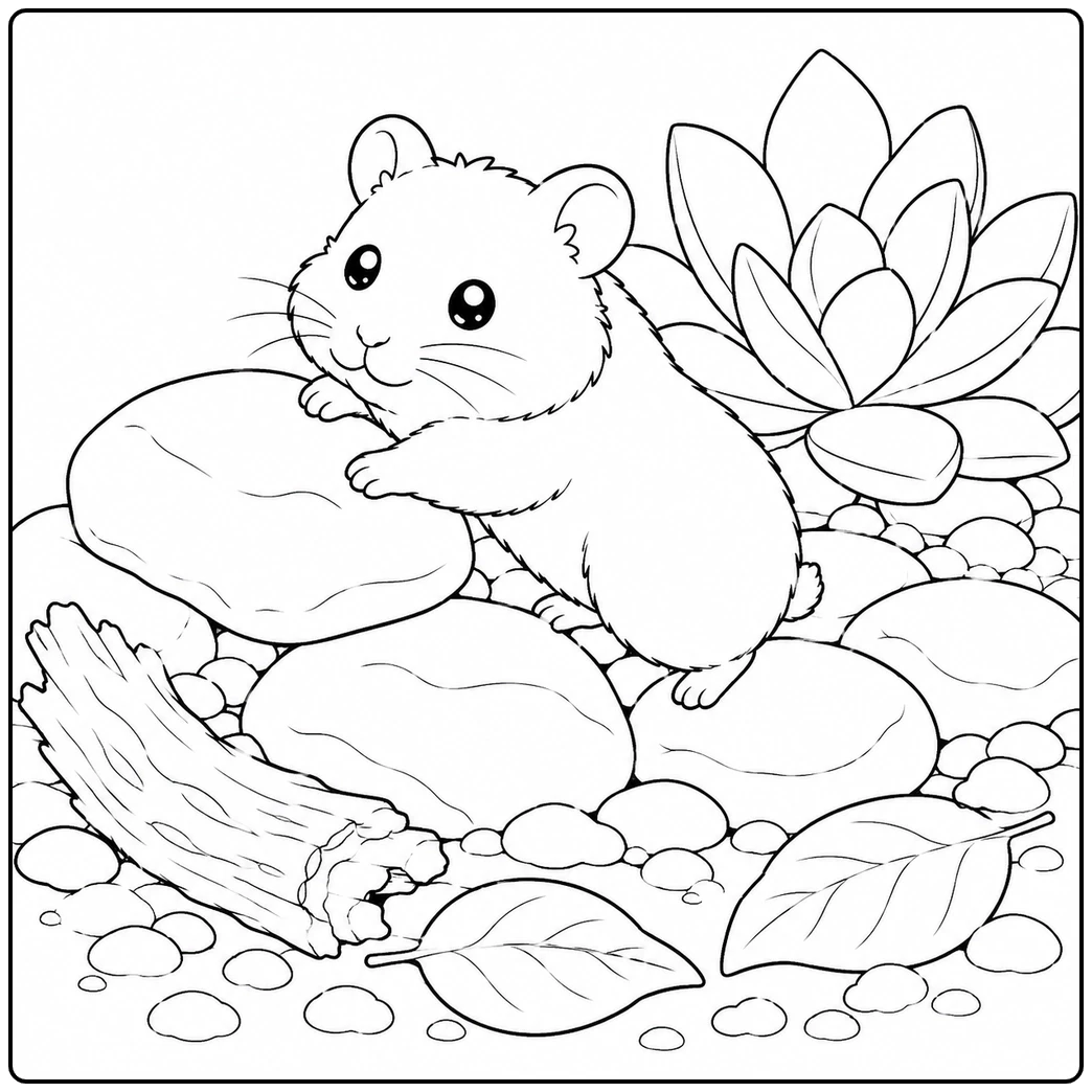 Hamster carefully climbing across smooth rocks beside a broad succulent, fallen leaves, and bark