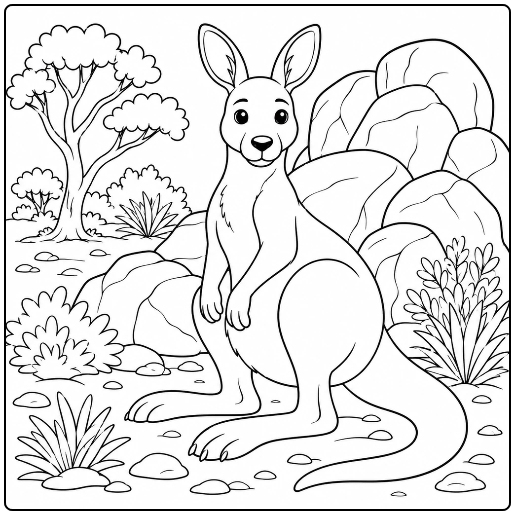 Seated kangaroo poses among large rocks and thick shrubs, with a tree and bushland scenery behind it.