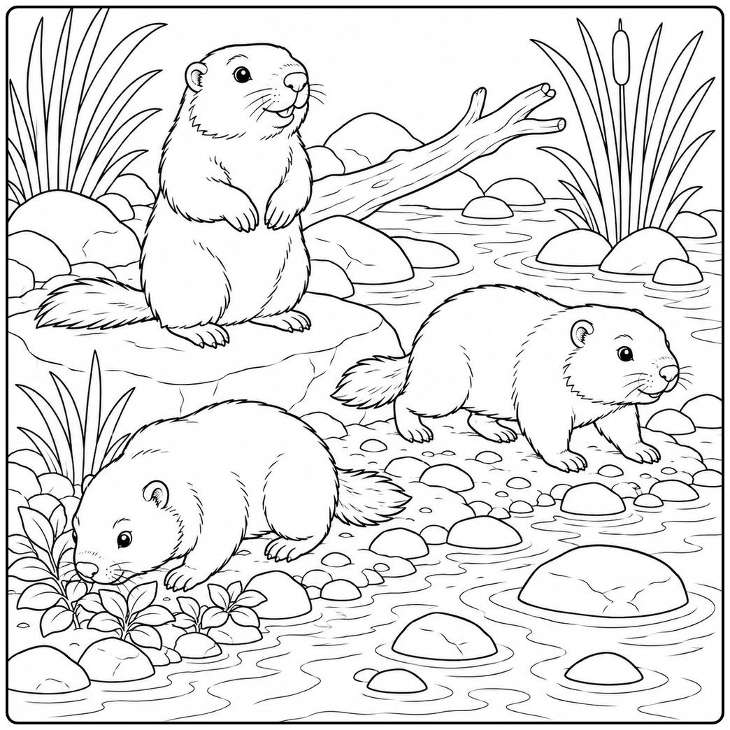 Three animals gather around a rocky creek in a groundhog coloring page, with one standing upright in back.