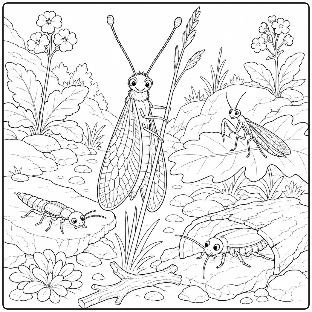 Large owlfly clings to a grass stem while smaller insects rest across a rocky hillside