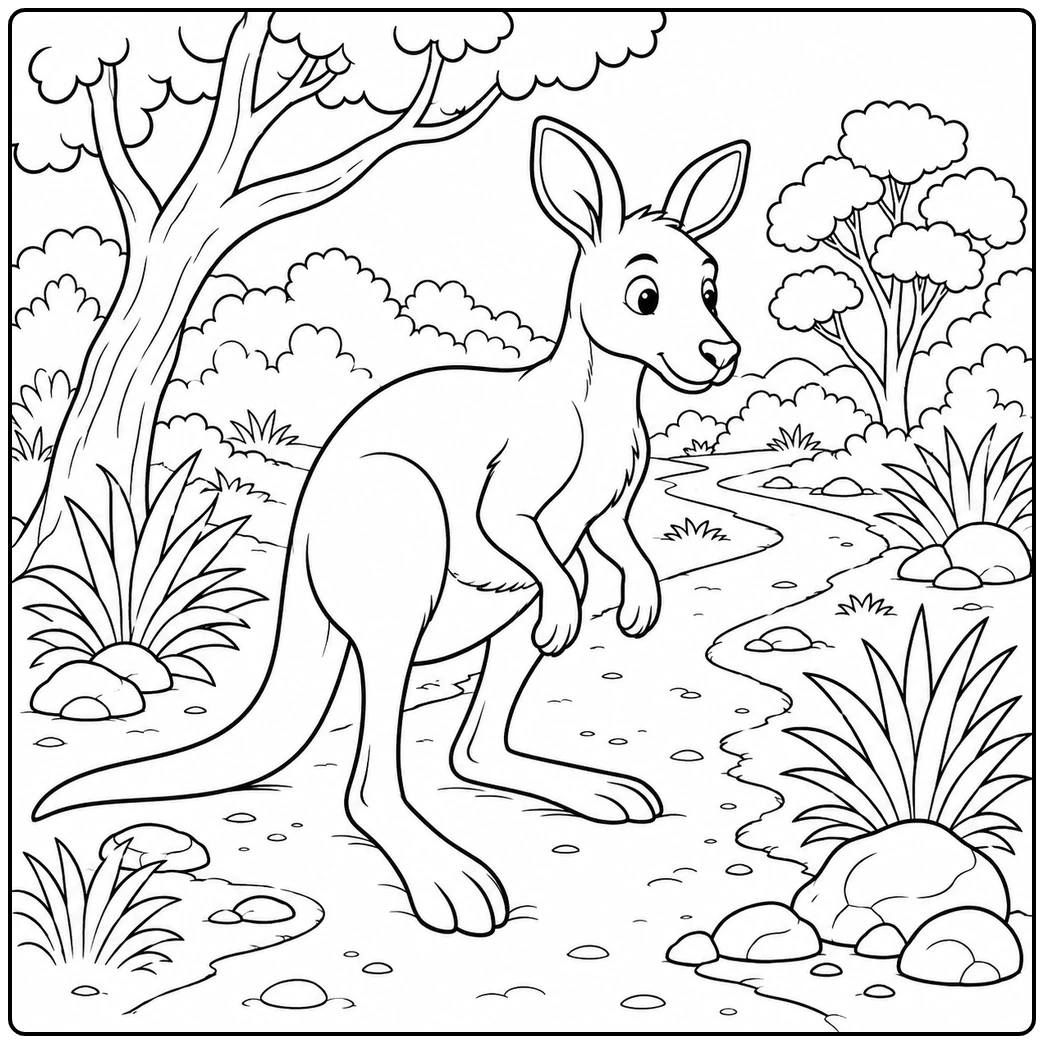 Alert kangaroo stands on a rocky bushland path surrounded by trees, shrubs, and scattered stones.