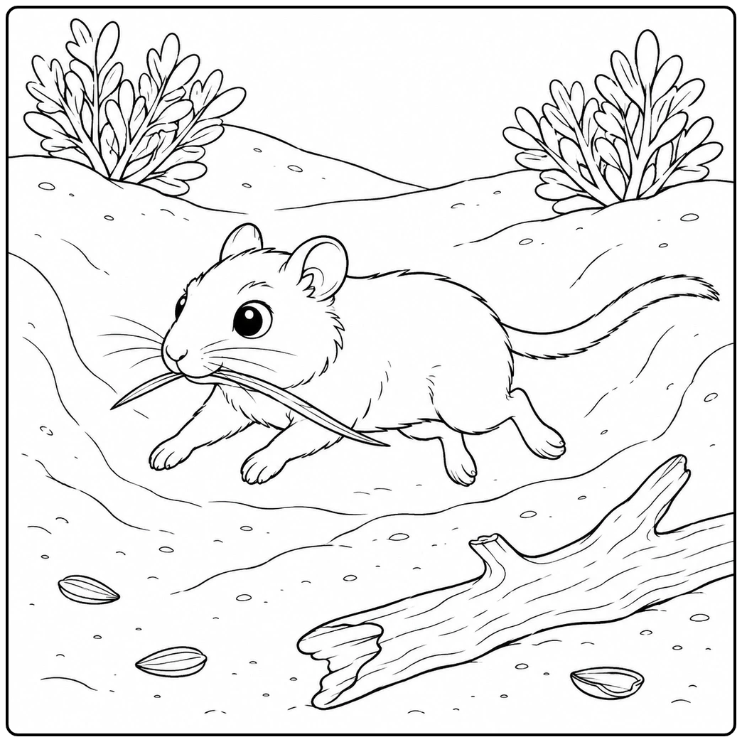 Running gerbil carries a long blade of grass across sandy ground near seeds and fallen wood